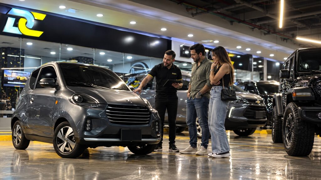 Pareja comparando carros usados con un asesor en Medellín
