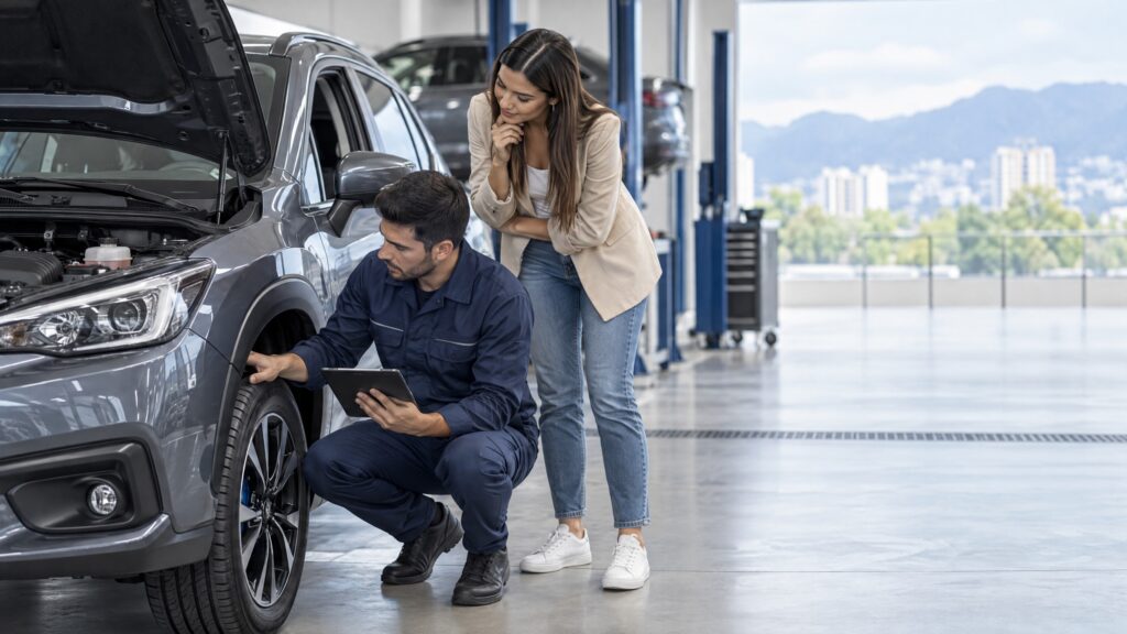 Técnico revisando el motor de un carro usado antes de una compra