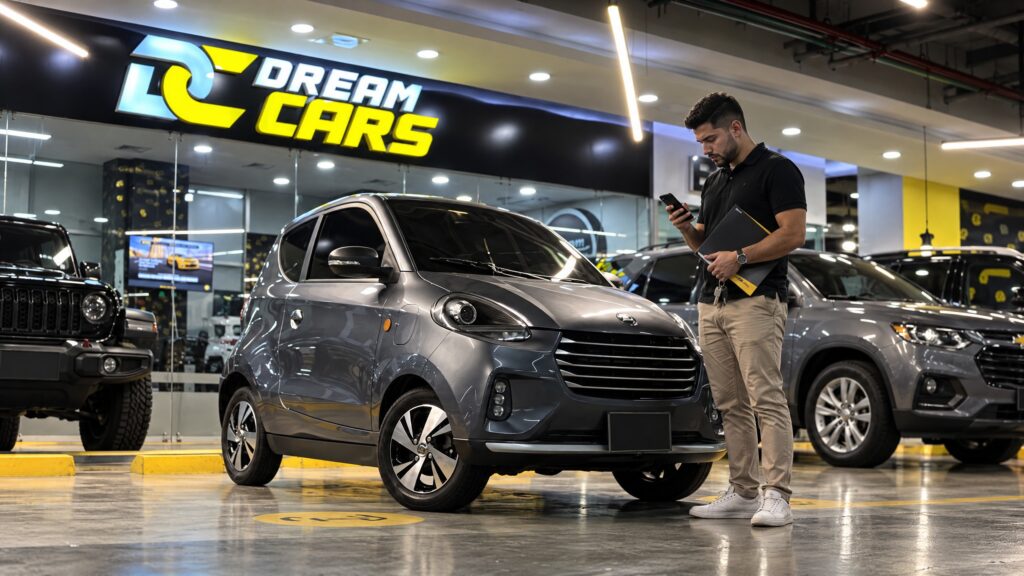 Comprador verificando la información de un carro usado desde su celular