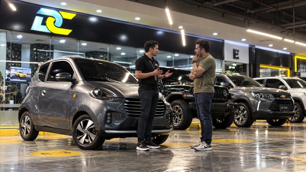 Comprador conversando con un asesor sobre un carro usado en Medellín